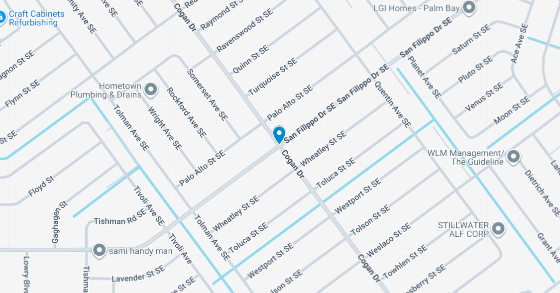 Map showing overnight road closure at San Filippo Drive and Cogan Drive intersection in Palm Bay, FL