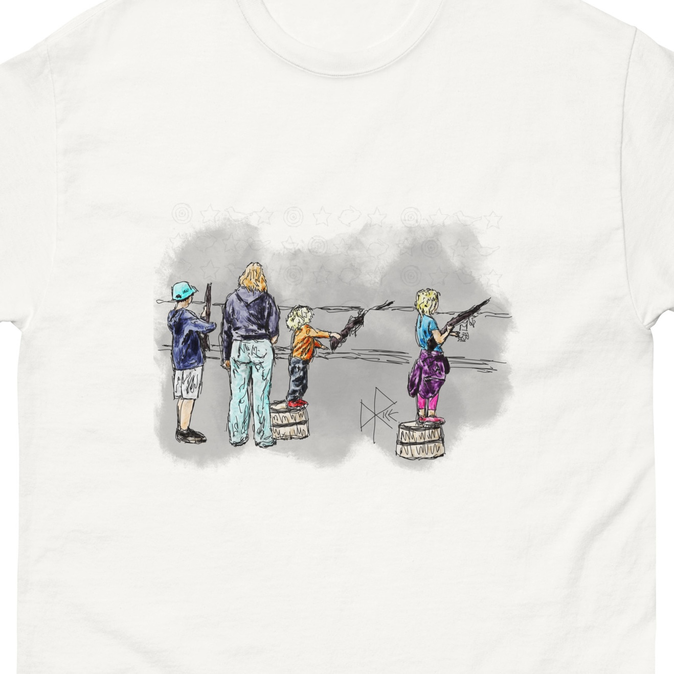 Three children, backed by their mother, having a good time shooting at targets at an exhibition. Sketch art by Don Rice. Three children, backed by their mother, having a good time shooting at targets at an exhibition. Sketch art by Don Rice.