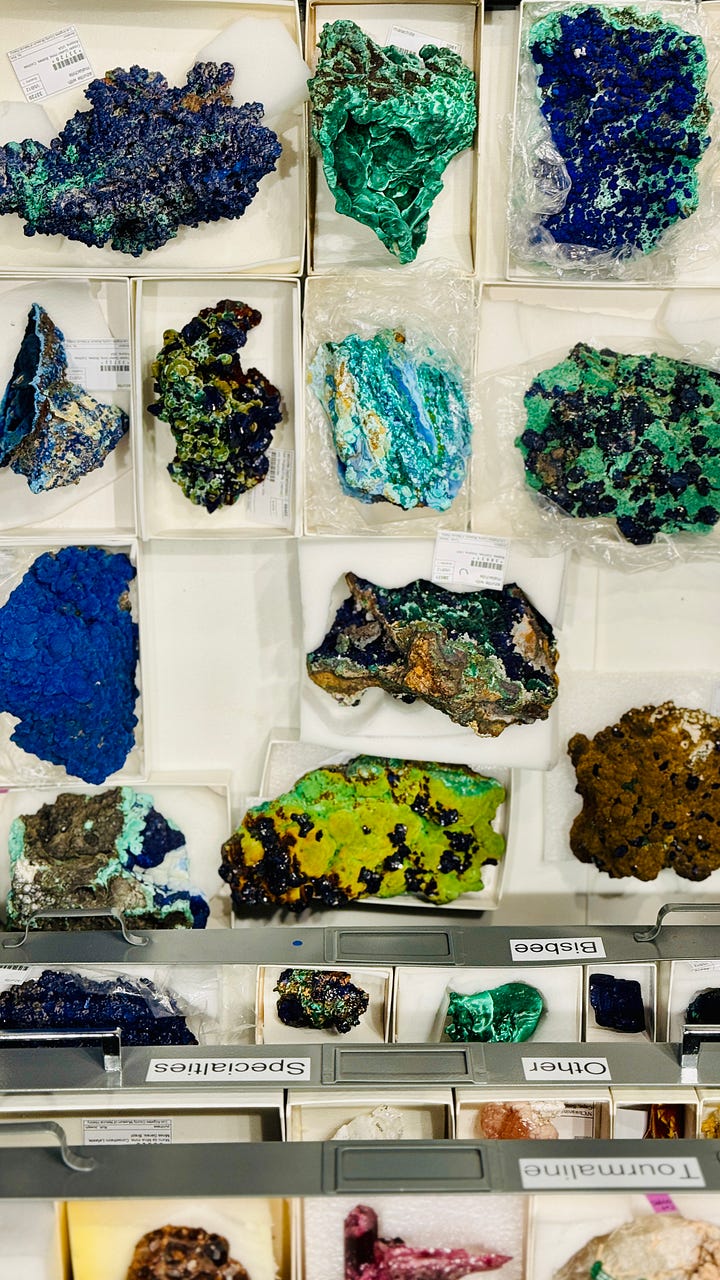 Open specimen drawers in the mineral research collection at the Natural History Museum of Los Angeles County, showing rows of labeled minerals including beryl, corundum, spodumene, opals, quartz, and feldspar, each specimen boxed and catalogued.