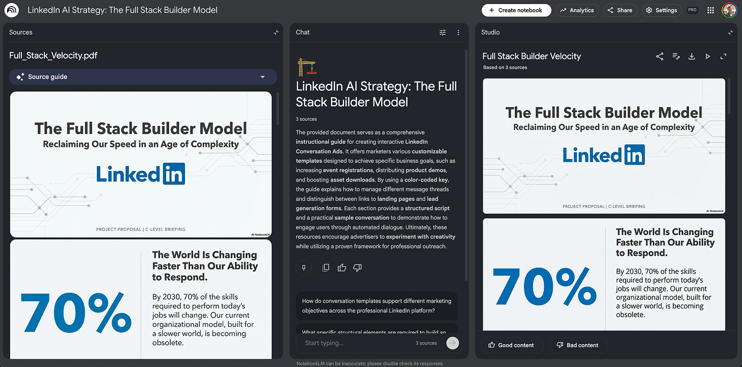 Split-screen view in NotebookLM showing the uploaded PDF source open on the left and the matching slide deck output on the right, confirming the layouts are visually consistent.