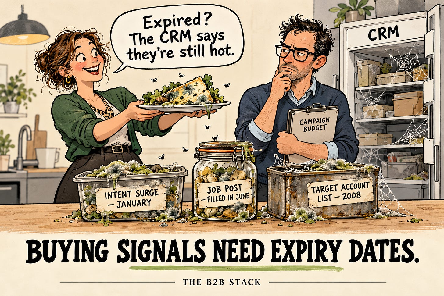 Cartoon: a smiling marketer offers a mouldy plate, saying "Expired? The CRM says they're still hot", beside mouldy containers labelled "Intent surge – January", "Job post – filled in June" and "Target account list – 2008", while a sceptical colleague holding a campaign budget looks on next to a cobwebbed CRM fridge. Caption: Buying signals need expiry dates.