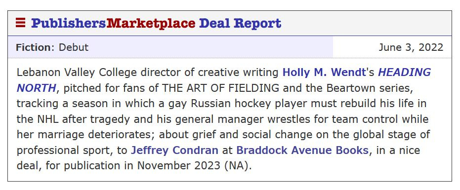 Publishers Marketplace deal report about Heading North
