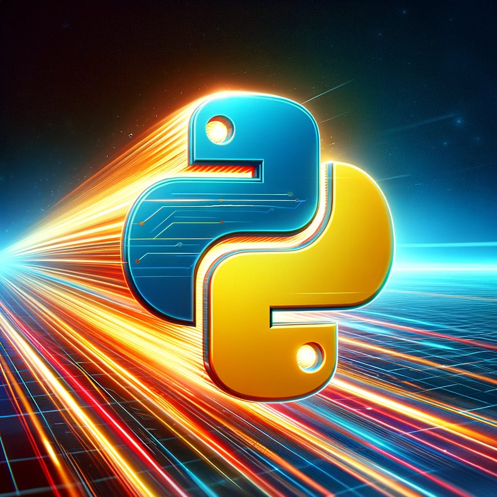 A vibrant digital illustration featuring the Python logo moving at high speed. The logo is depicted as if it's racing forward, with dynamic speed lines and motion blur effects surrounding it, symbolizing rapid performance and efficiency in Python programming. The background is a sleek, digital landscape, suggesting a high-tech environment, and further emphasizing the theme of speed and advanced coding capabilities in Python.