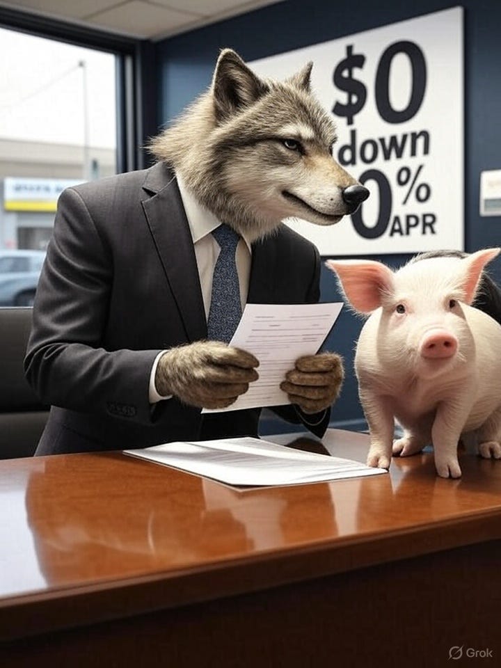 “The Big Bad Wolf selling a used car to one of the Three Little Pigs” (painting by the famous Italian Renaissance painter Grok Boyardini) “The Big Bad Wolf selling a used car to one of the Three Little Pigs” (painting by the famous Italian Renaissance painter Grok Boyardini)