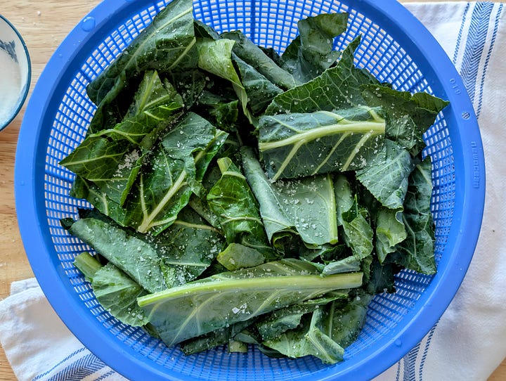 A side by side comparison of the collard greens just salted and 10 minutes later. 