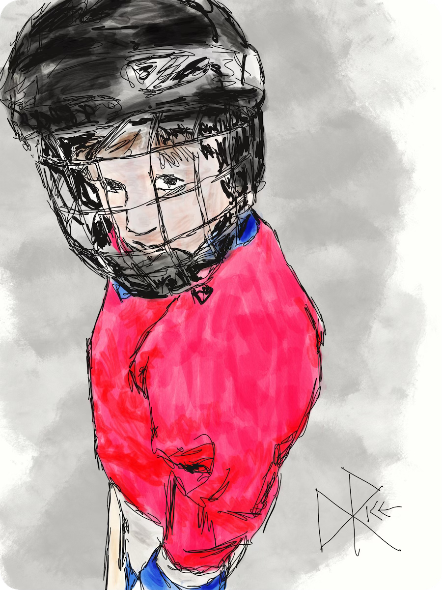 A young Timbit hockey player, geared up for the game. Sketch art by Don Rice.