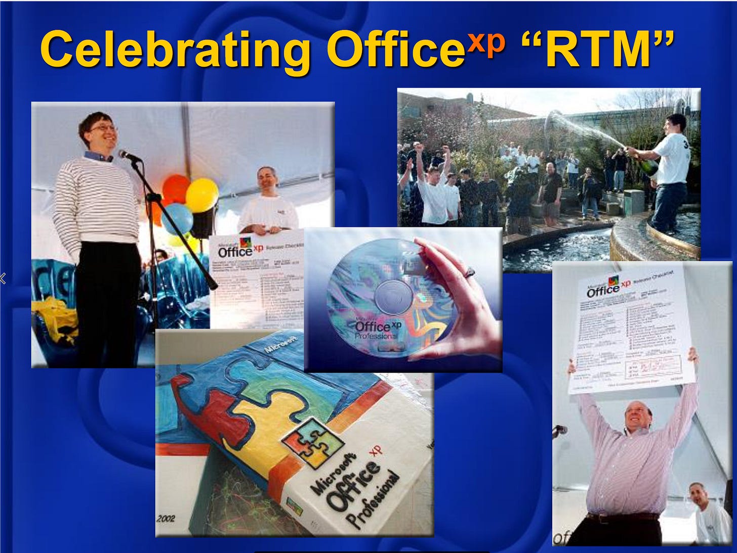 Collage of photos from the Office XP release party including BillG speaking, people dunked in the fountain, a golden master CD, a cake decorated like the box, and Steve Ballmer. Collage of photos from the Office XP release party including BillG speaking, people dunked in the fountain, a golden master CD, a cake decorated like the box, and Steve Ballmer.