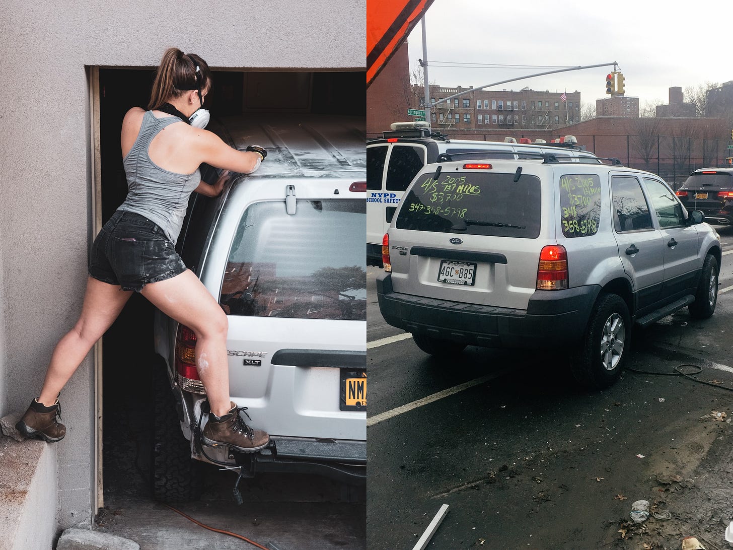 A candid photo of Sofia working on the wheel hub of the Ford Escape in a garage. The car is jacked up, and she is focused on the task, surrounded by tools and car parts.
