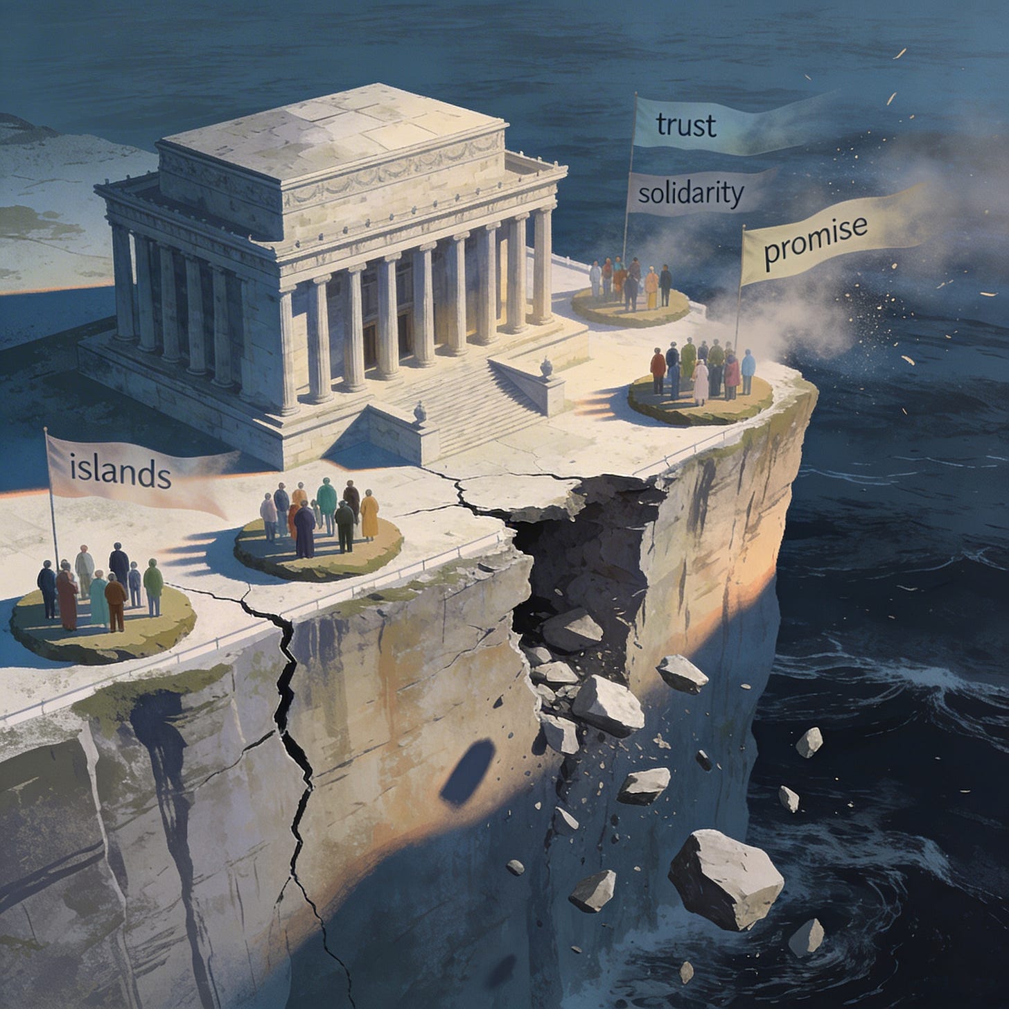 An abstract illustration of institutional trust eroding as foundations crumble and society fragments.