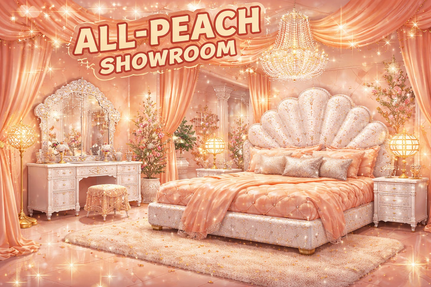 An over-the-top peach-colored furniture showroom drenched in satin, crystals, and glitter, featuring a scallop-shell headboard encrusted with rhinestones, a mirrored vanity covered in bedazzled trim, chandelier lamps that double as disco balls, and layers of peach drapery glowing under warm theatrical lighting, like a Miami boudoir designed by someone who just discovered Swarovski.