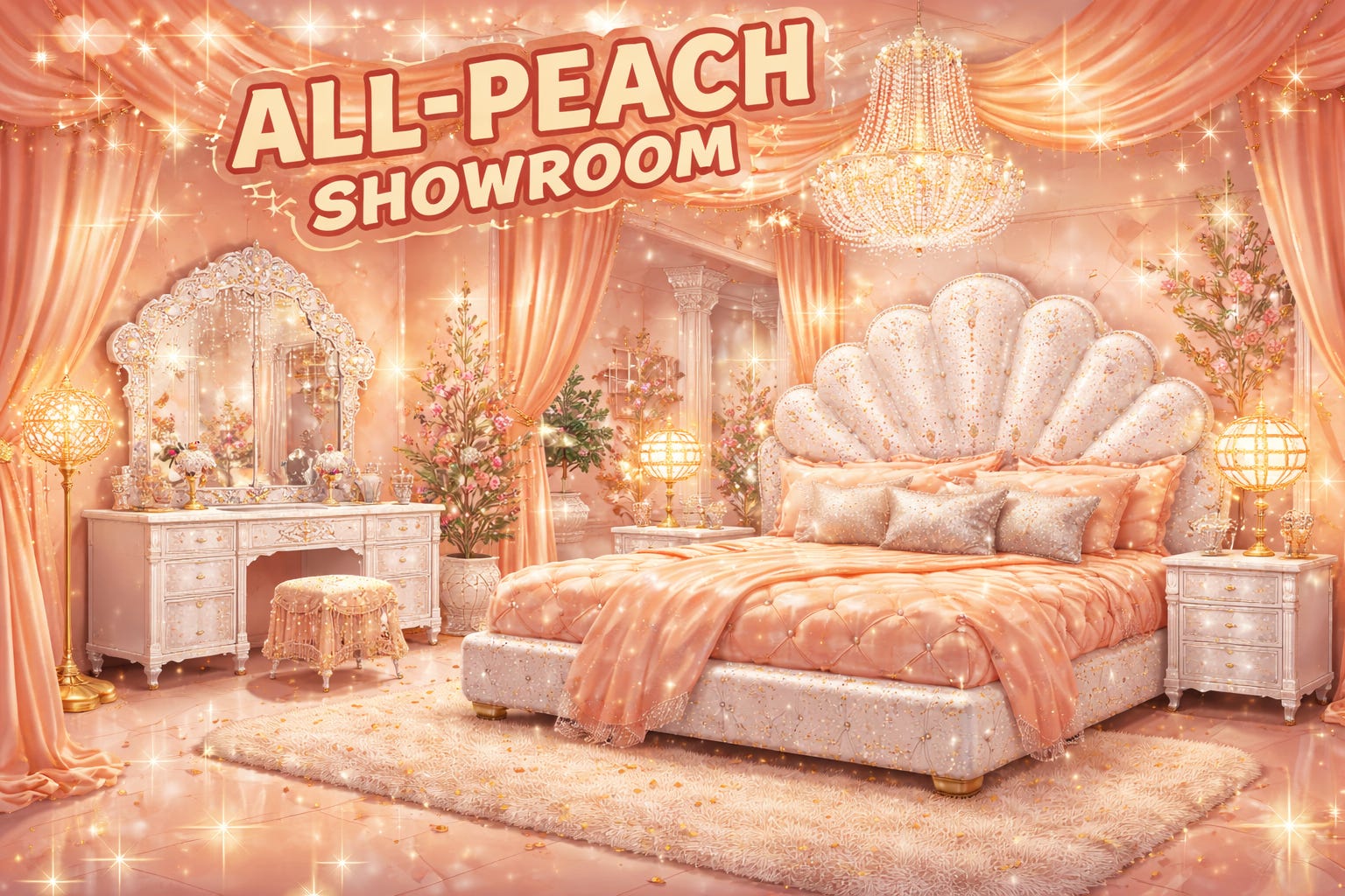An over-the-top peach-colored furniture showroom drenched in satin, crystals, and glitter, featuring a scallop-shell headboard encrusted with rhinestones, a mirrored vanity covered in bedazzled trim, chandelier lamps that double as disco balls, and layers of peach drapery glowing under warm theatrical lighting, like a Miami boudoir designed by someone who just discovered Swarovski. An over-the-top peach-colored furniture showroom drenched in satin, crystals, and glitter, featuring a scallop-shell headboard encrusted with rhinestones, a mirrored vanity covered in bedazzled trim, chandelier lamps that double as disco balls, and layers of peach drapery glowing under warm theatrical lighting, like a Miami boudoir designed by someone who just discovered Swarovski.