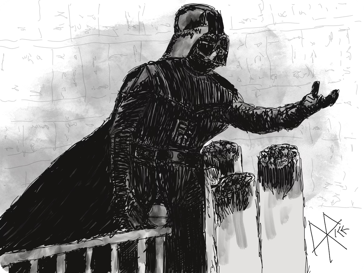 Darth Vader turns on the ‘charm’, and tries to coerce his son Luke to join him after revealing the truth that he is the daddy. Sketch art by Don Rice.