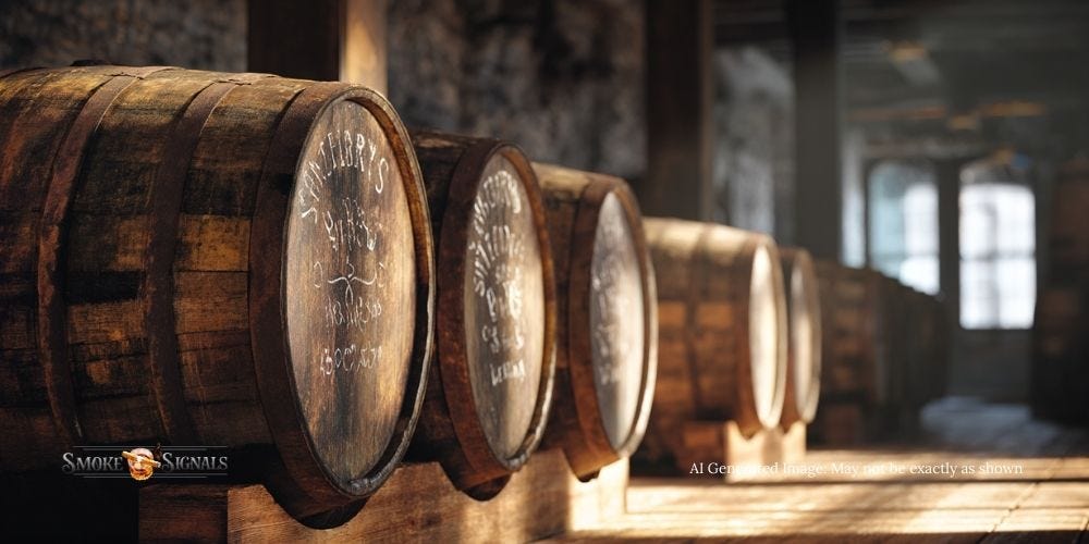 Row of oak barrels marked sherry, port, rum, and Sauternes for cask finishing whiskey. Row of oak barrels marked sherry, port, rum, and Sauternes for cask finishing whiskey.