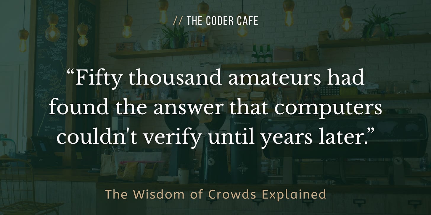 Fifty thousand amateurs had found the answer that computers couldn't verify until years later. Fifty thousand amateurs had found the answer that computers couldn't verify until years later.