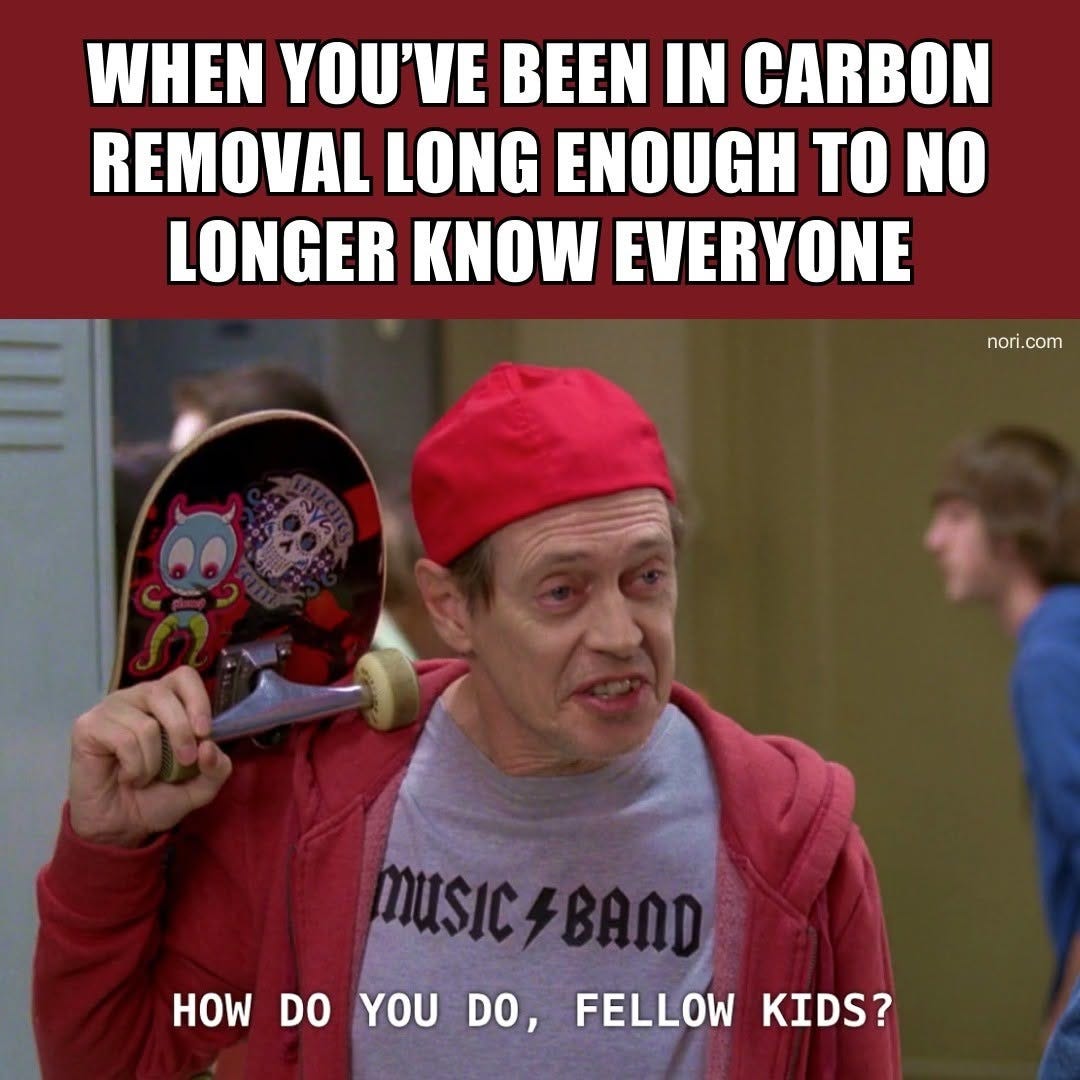 Text: "When you've been in carbon removal long enough to no longer know everyone." Below, Steve Buscemi in a backwards cap with a skateboard: "How do you do, fellow kids?"