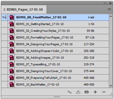 InDesign book feature showing linked files
