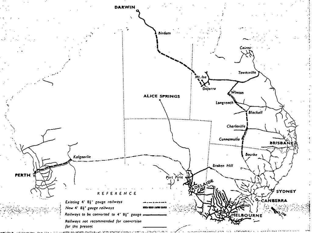 A map produced by Harold Clapp's 1945 Standardization of Australia’s Railway Gauges A map produced by Harold Clapp's 1945 Standardization of Australia’s Railway Gauges