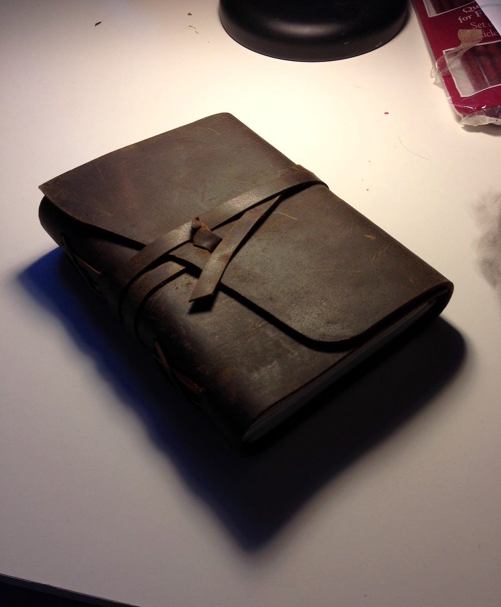 handmade leather journal on a writing desk