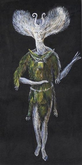 Grayish white creature with human features and gentle horns wears a green smock.