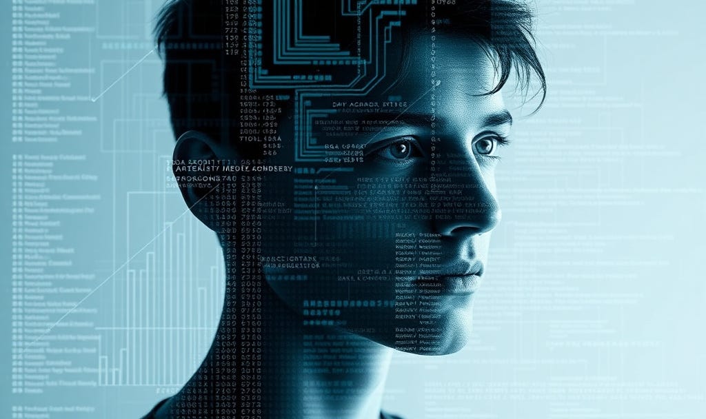 A person in profile overlaid with abstract data patterns, suggesting how algorithmic systems and metrics shape human decision-making under uncertainty. Displaying the winner's curse in technology