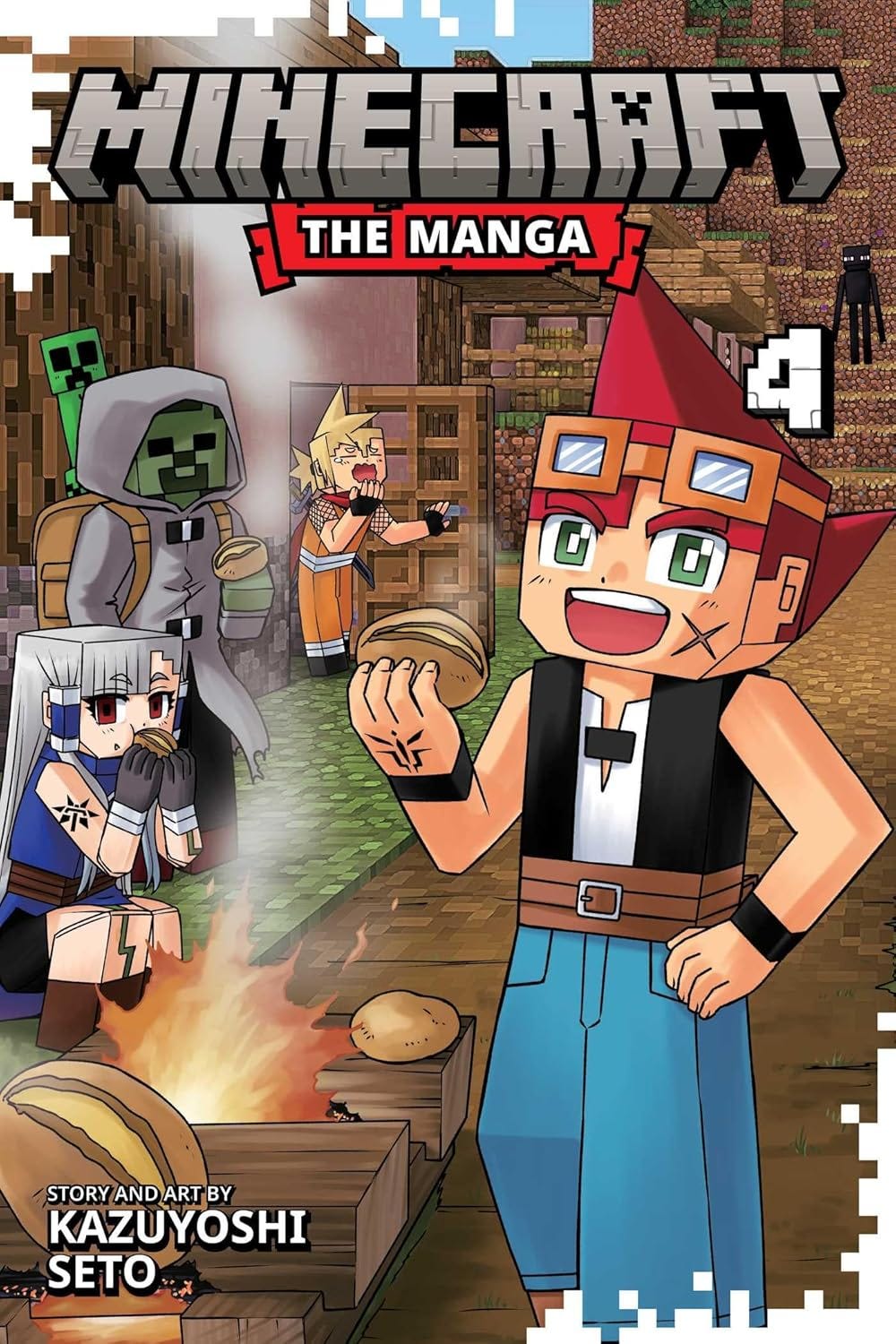 Cover of Minecraft: The Manga Volume 4 by Kazuyoshi Seto, featuring blocky, Minecraft-style characters gathered around a campfire while eating food. The main character in the foreground wears a red headband with goggles, and other characters include a creeper in a hooded cloak, a girl with silver hair, and a ninja-like blond figure. A shadowy Enderman floats in the background near a pixelated village. Cover of Minecraft: The Manga Volume 4 by Kazuyoshi Seto, featuring blocky, Minecraft-style characters gathered around a campfire while eating food. The main character in the foreground wears a red headband with goggles, and other characters include a creeper in a hooded cloak, a girl with silver hair, and a ninja-like blond figure. A shadowy Enderman floats in the background near a pixelated village.