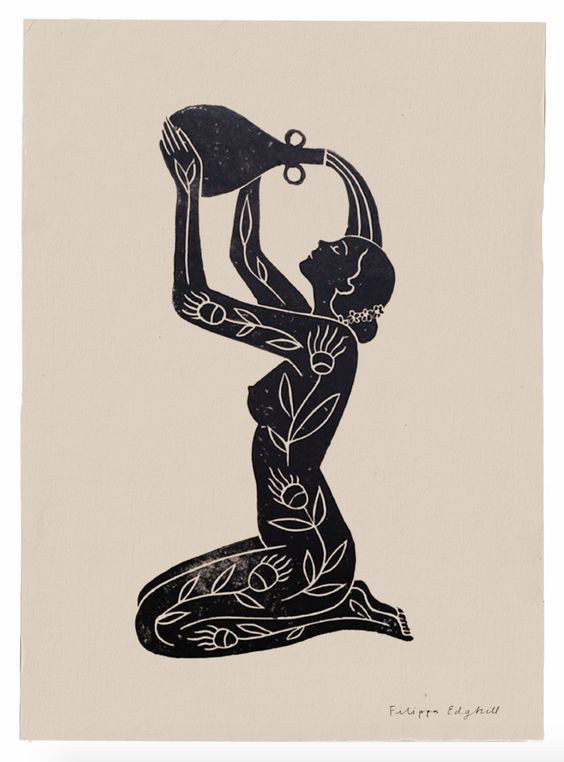A black nude feminine silhouette illustration against a beige background shows a figure kneeling and pouring water from a vessel onto their head. The figure has their hair in a bun and is adorned with floral or leaf-like patterns across their body. The artwork has an art nouveau style and is signed "Felippa Edghill" at the bottom. A black nude feminine silhouette illustration against a beige background shows a figure kneeling and pouring water from a vessel onto their head. The figure has their hair in a bun and is adorned with floral or leaf-like patterns across their body. The artwork has an art nouveau style and is signed "Felippa Edghill" at the bottom.