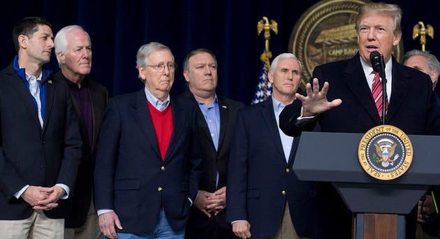US President Donald Trump speaks during a retreat with Republican lawmakers and members of his Cabinet at Camp David in Thurmont, Maryland, January 6, 2018. / AFP PHOTO / SAUL LOEB (Photo credit should read SAUL LOEB/AFP/Getty Images)