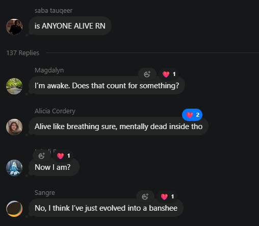 Saba chat threda screeshot: 137 replies to 'is ANYONE ALIVE RN'