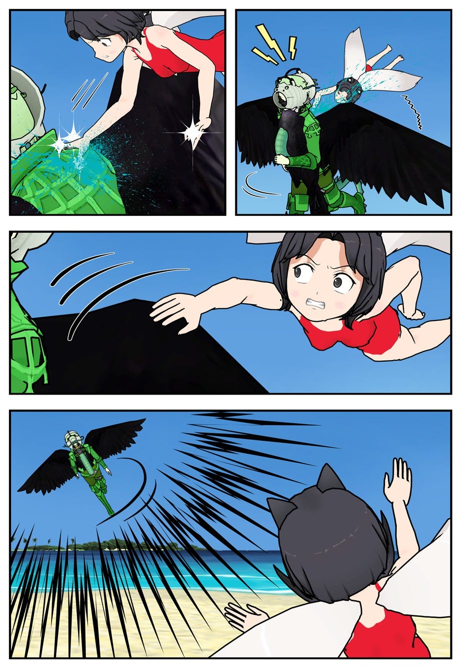 Rae sinks her diamond nails into the dragon, and blue liquid spurts out of it. The dragon flaps its wings and throws her to the shore.