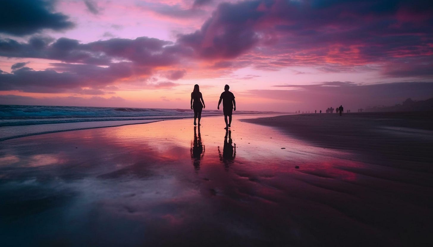 Two People Walking On The Beach In The Sunset