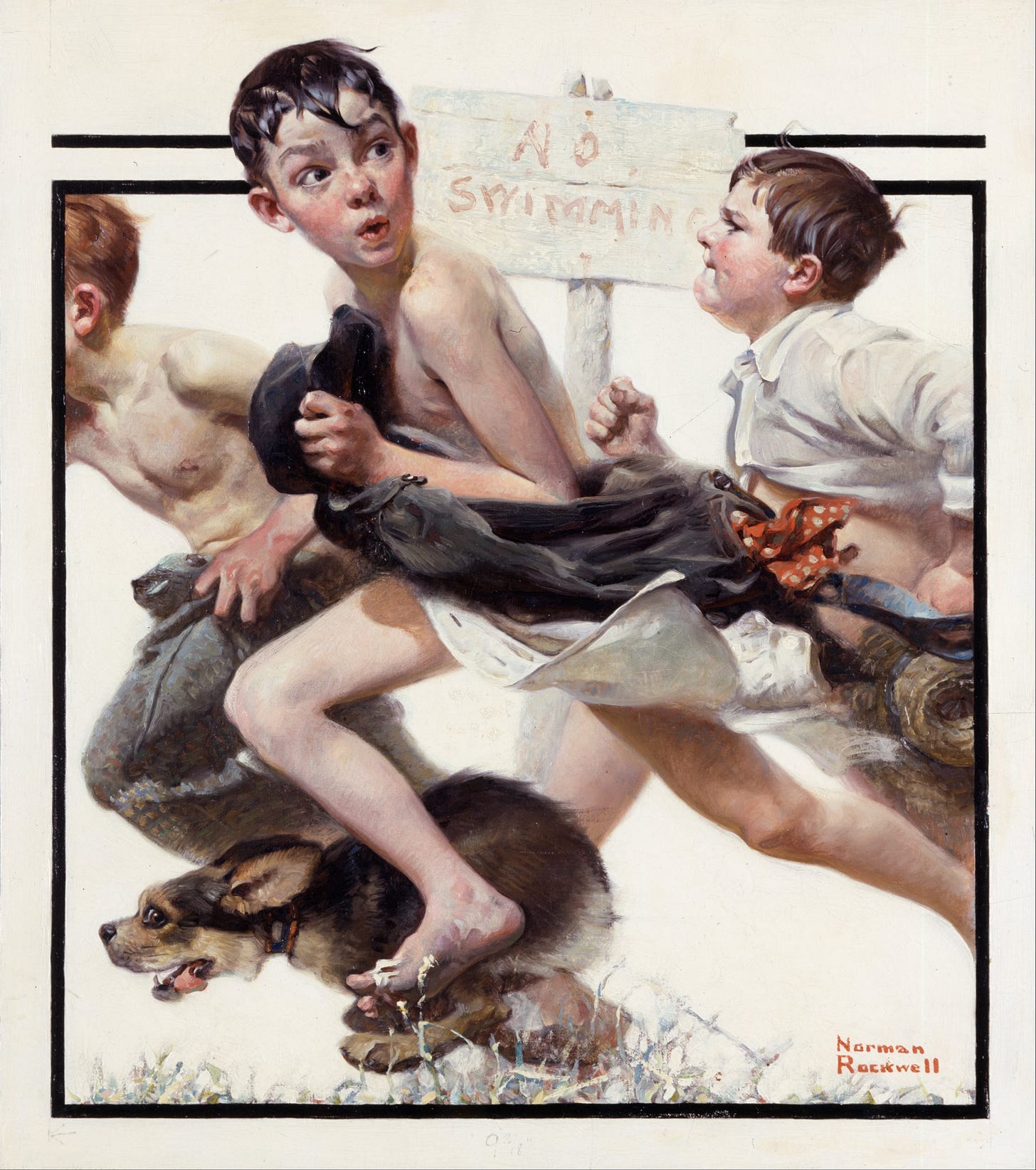 No Swimming, Norman Rockwell's 1921 Saturday Evening Post cover showing three boys running from a swimming hole No Swimming, Norman Rockwell's 1921 Saturday Evening Post cover showing three boys running from a swimming hole