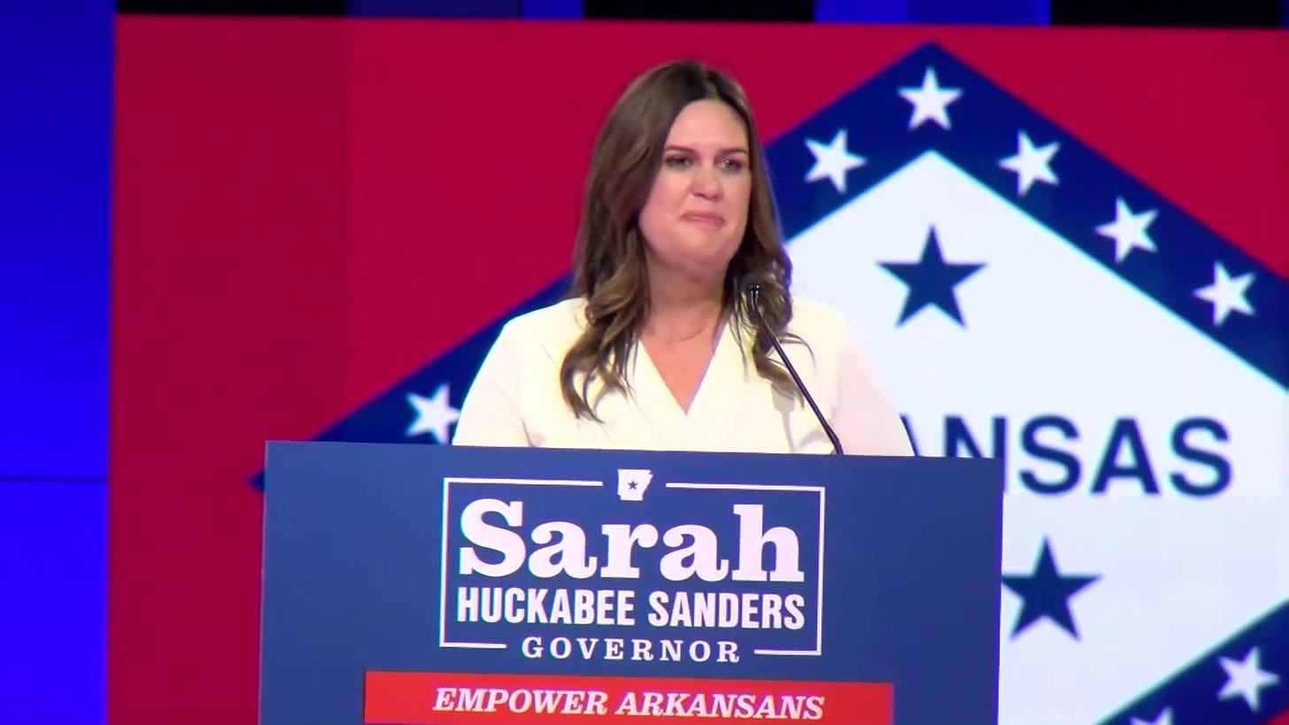 Sarah Huckabee Sanders gives victory speech in Arkansas as first female  governor