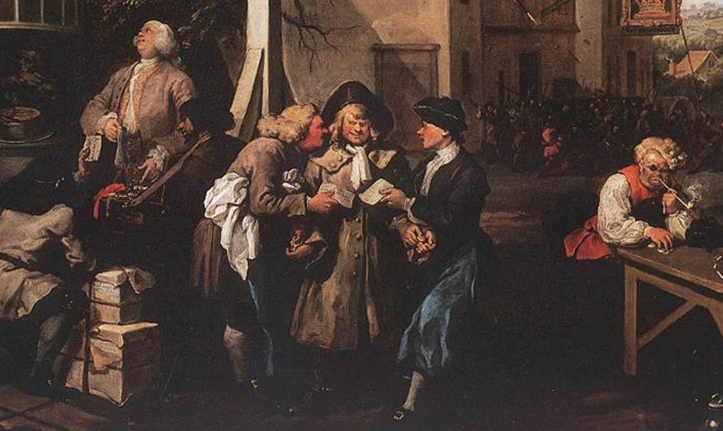 "Soliciting Votes" by William Hogarth, a satirical 18th-century painting depicting a chaotic street scene where political candidates and their supporters attempt to win votes through bribery and persuasion. The artwork shows a diverse group of townspeople, including figures in animated conversation, interacting near a voting booth, with a background of disorderly and humorous details symbolizing election corruption. The setting features period costumes and architecture, highlighting the absurdity of electoral practices in mid-18th century England. "Soliciting Votes" by William Hogarth, a satirical 18th-century painting depicting a chaotic street scene where political candidates and their supporters attempt to win votes through bribery and persuasion. The artwork shows a diverse group of townspeople, including figures in animated conversation, interacting near a voting booth, with a background of disorderly and humorous details symbolizing election corruption. The setting features period costumes and architecture, highlighting the absurdity of electoral practices in mid-18th century England.