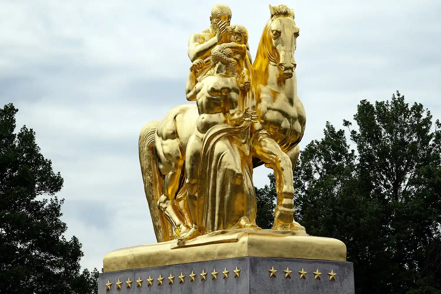 "Sacrifice," one of the two statues that make up the "The Arts of War" equestrian statues along Arlington Memorial Bridge, is visible after the scaffolding was partially removed from around the two statues, in Washington, DC on July 29, 2026 "Sacrifice," one of the two statues that make up the "The Arts of War" equestrian statues along Arlington Memorial Bridge, is visible after the scaffolding was partially removed from around the two statues, in Washington, DC on July 29, 2026