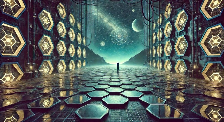 Illustration inspired by E.M. Forster's The Machine Stops, depicting a futuristic dystopian world with glowing hexagonal underground cells, a sprawling mechanical system, and a lone figure gazing at a starry sky through a cracked surface, symbolizing isolation and technological dependence.