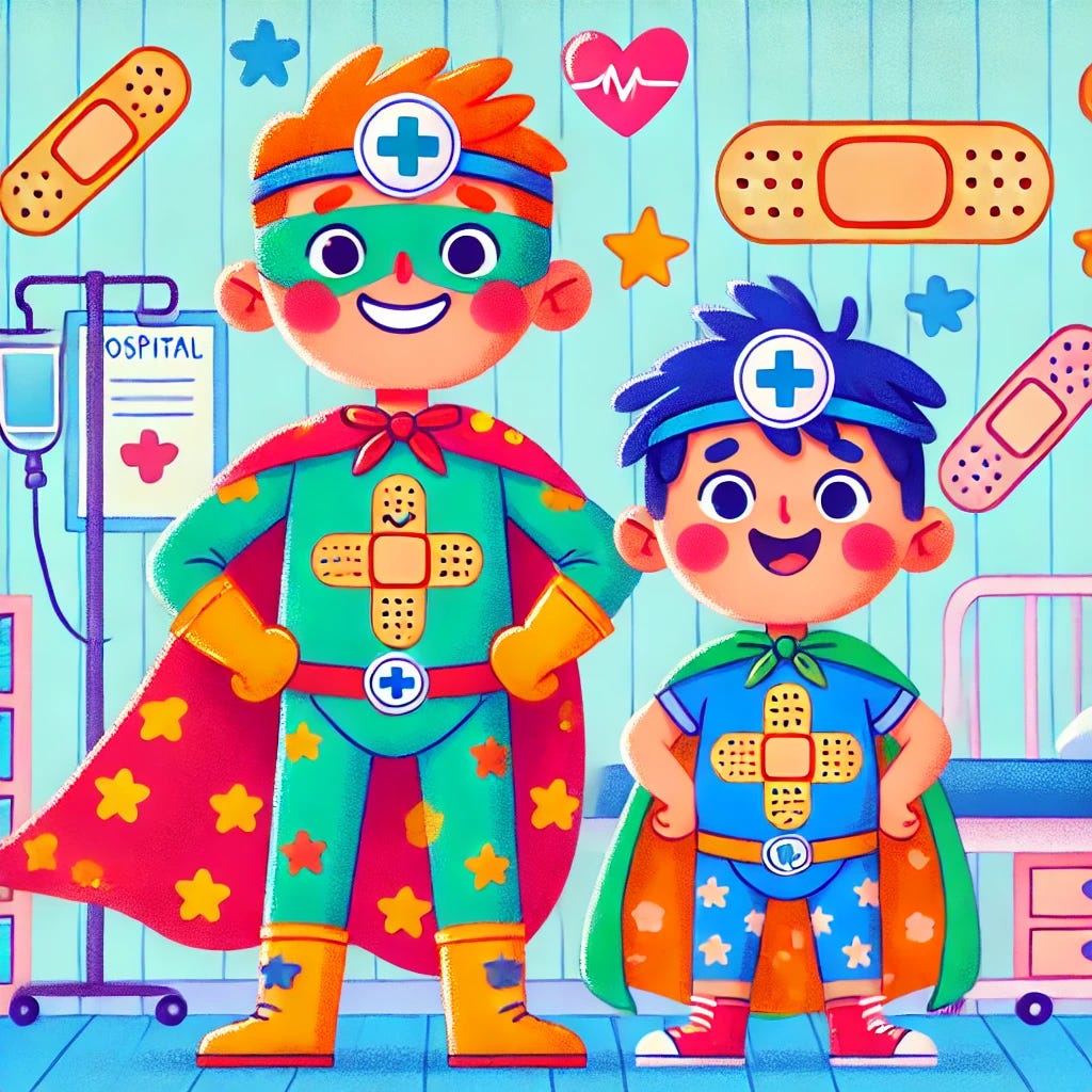 A colourful cartoon-style superhero paediatric healthcare professional. The character is smiling and friendly, wearing a cape and costume decorated with medical symbols like stethoscopes, bones, and kid-friendly icons like cartoon band-aids, stars, and hearts. Standing heroically next to a happy cartoon child wearing a fun outfit with plasters and a big blue cross. The background is a playful, illustrated clinic or hospital room. The whole scene should be warm, whimsical, and totally non-creepy.
