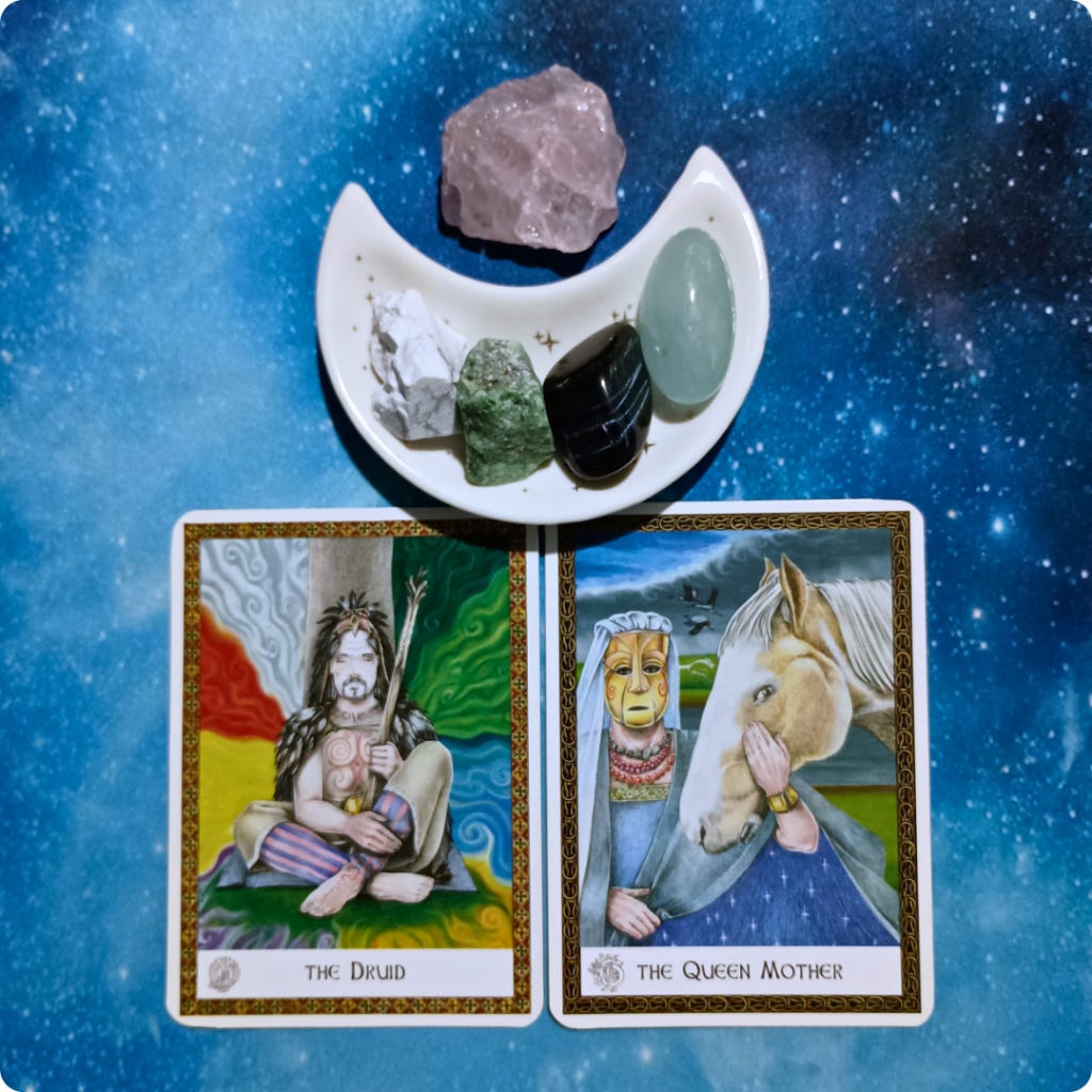 Balance and Extremes ~ A Message From the Universe, 2 Celtic Wisdom Oracle cards and crystals on a starry blue background Balance and Extremes ~ A Message From the Universe, 2 Celtic Wisdom Oracle cards and crystals on a starry blue background