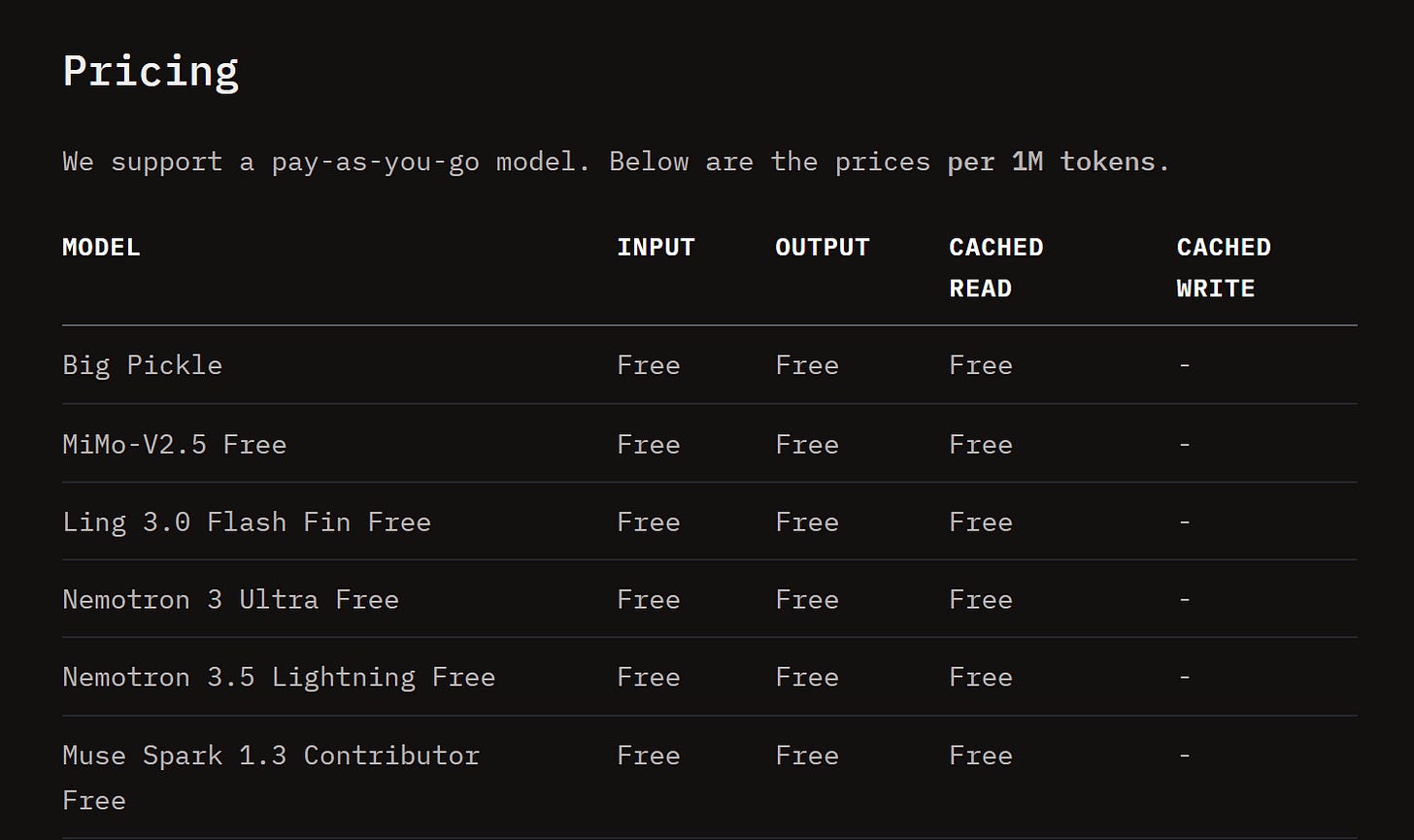 OpenCode Zen pricing table showing free models including Big Pickle, MiMo-V2.5, Ling 3.0 Flash, Nemotron 3 Ultra, Nemotron 3.5 Lightning, and Muse Spark 1.3 Contributor Free, all with free input, output and cached read pricing