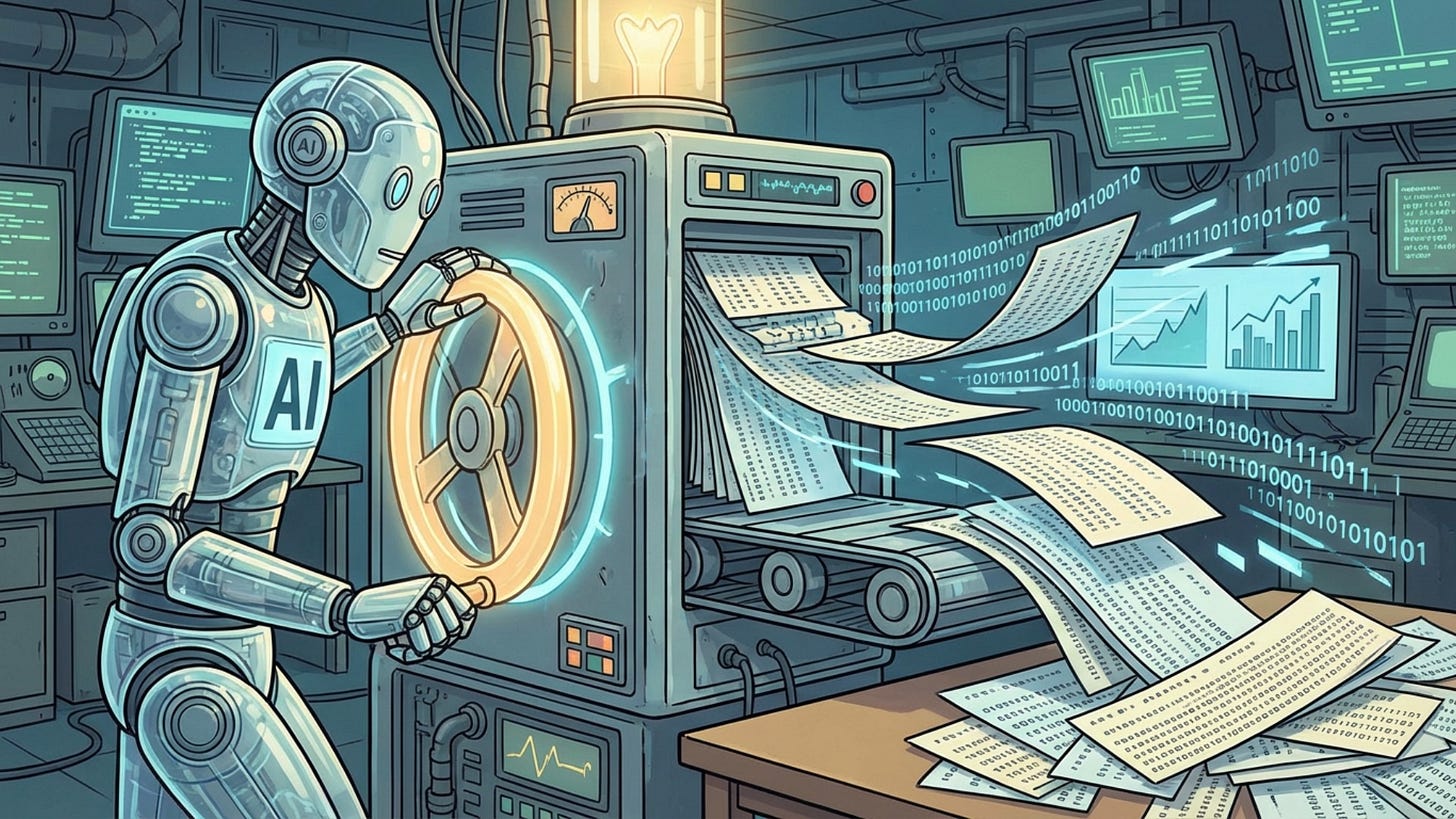 An AI robot cranks out data from a machine.