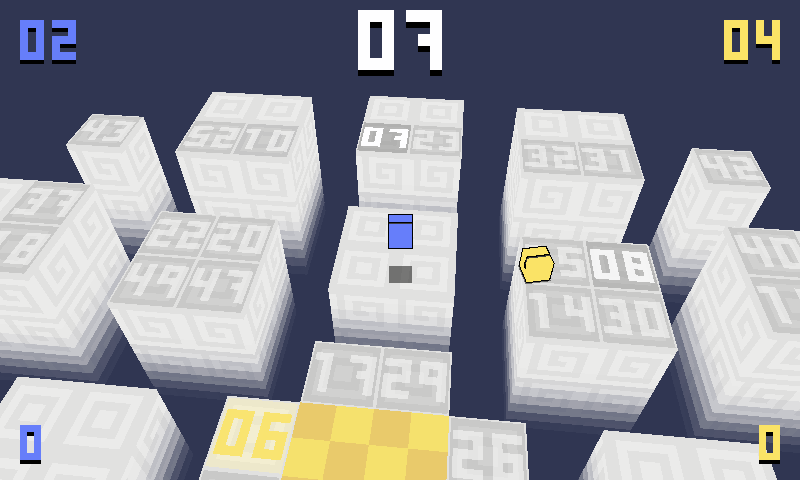 A screenshot of a simple 3d game with a handful of islands with numbered tiles on them. The current "target" tile number is shown on the top of the screen, player scores shown in the corners.