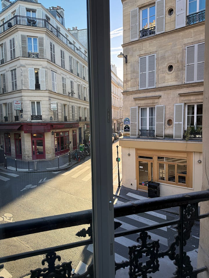View from Hôtel Chamar in Paris, looking across the streets of St-Georges near Pigalle, with elegant stone buildings and traditional Parisian architecture and decorative embroidered cushion featuring birds and woodland scenes on a bed at Hôtel Chamar in Paris.