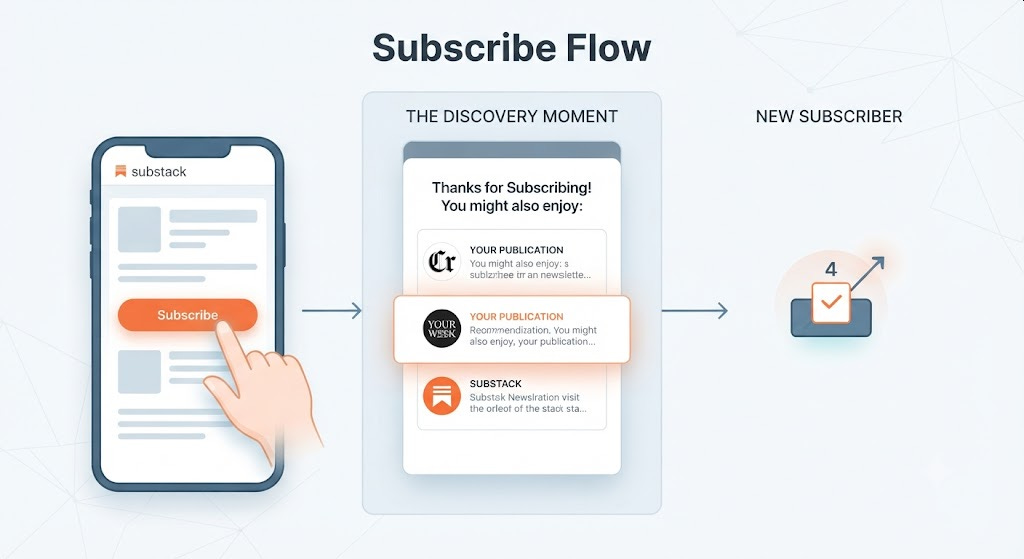 This graphic breaks down the "discovery moment." It shows the user journey from clicking "Subscribe" on one writer's page (left) to immediately seeing the "Recommended" screen (center), where your publication is highlighted. This visual emphasizes that recommendations work because they capture the reader at the exact moment they are looking for more great content. This graphic breaks down the "discovery moment." It shows the user journey from clicking "Subscribe" on one writer's page (left) to immediately seeing the "Recommended" screen (center), where your publication is highlighted. This visual emphasizes that recommendations work because they capture the reader at the exact moment they are looking for more great content.