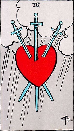 a Three of Swords tarot card: a red heart stabbed through with three crisscrossing swords, suspended in air in the middle of a rain storm. 