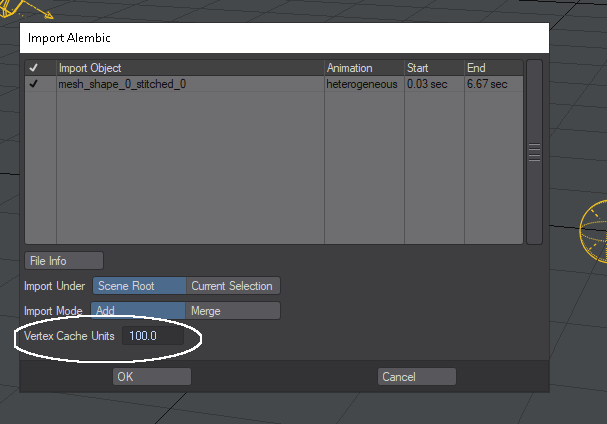 Note the value of Vertex Cache Units. I put 100 because Realflow’s original scene scale.