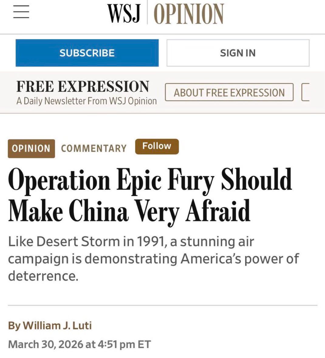 China fears Epic Fury says Wall Street Journal