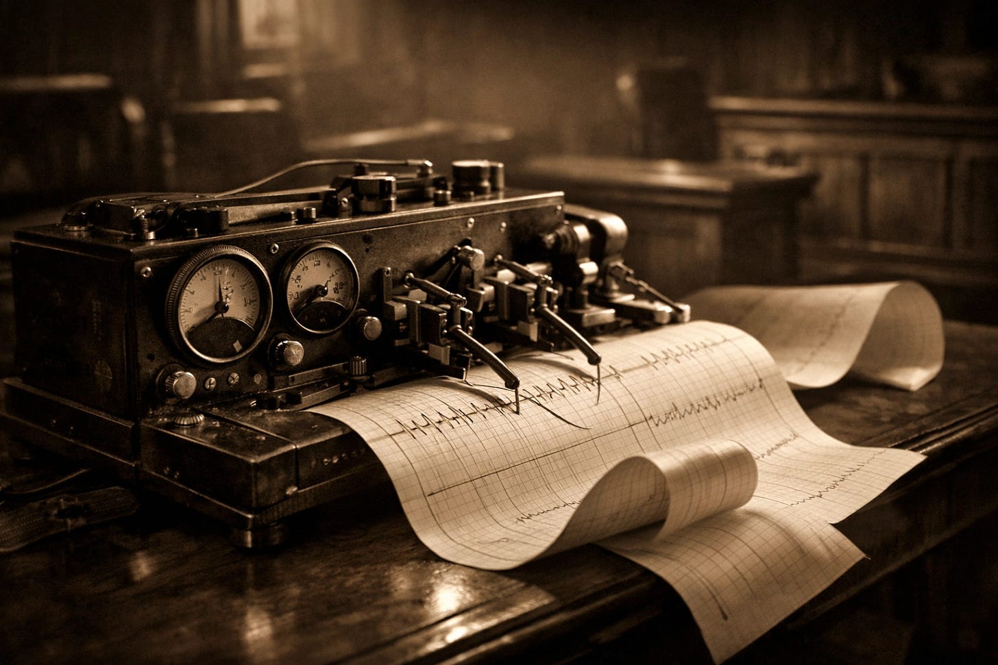 Vintage polygraph lie detector machine from 1935 with paper readouts on courtroom table Vintage polygraph lie detector machine from 1935 with paper readouts on courtroom table