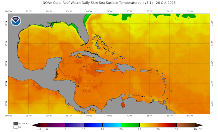 A map shows warm water temperatures south of Jamaica, where Hurricane Melissa passed through.