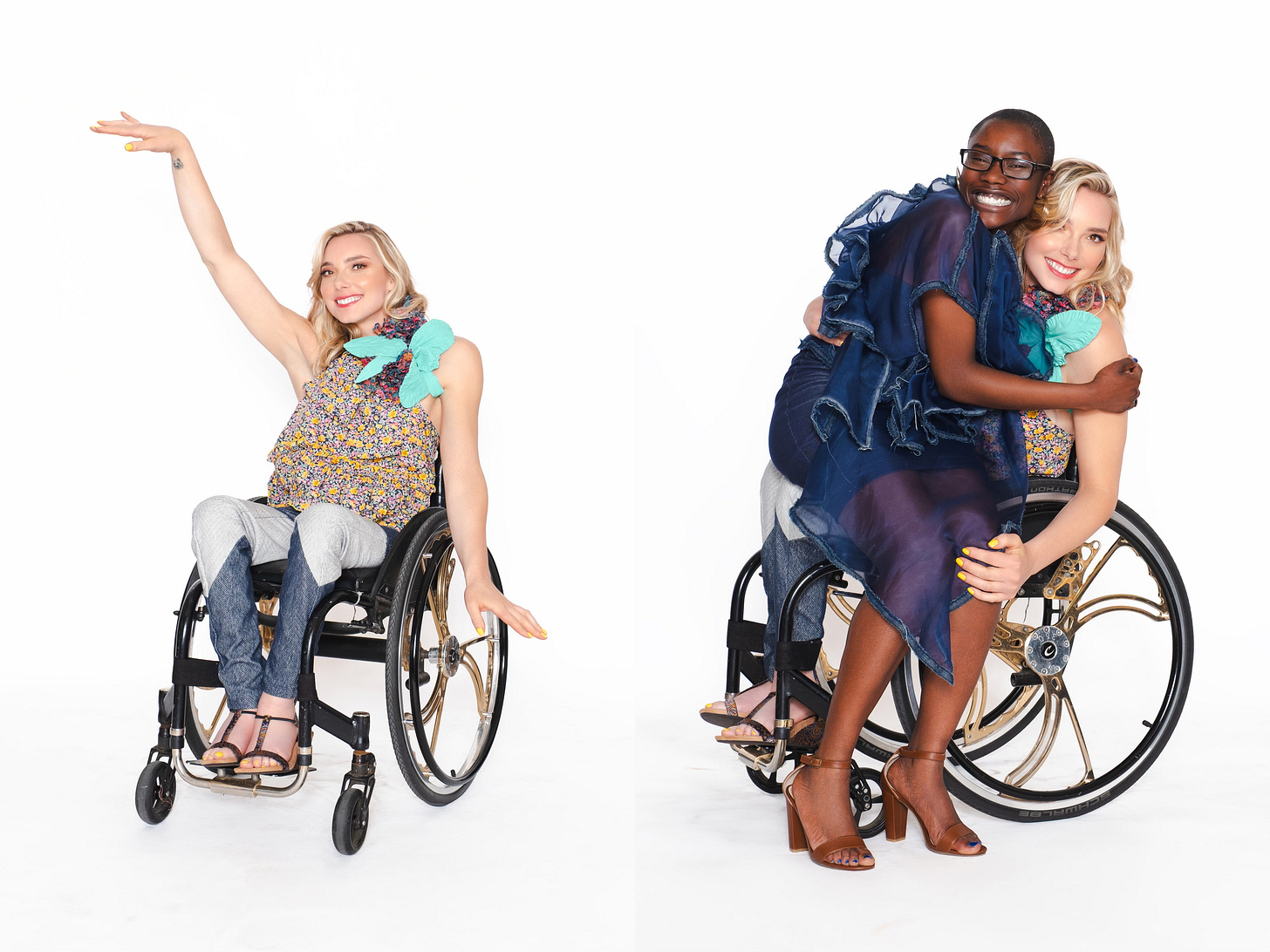 Two joyful fashion portraits against a white background. The left image shows a smiling blonde model in a wheelchair with her arm raised in a celebratory gesture. The right image shows her being affectionately hugged from behind by a Black model in a sheer blue dress.