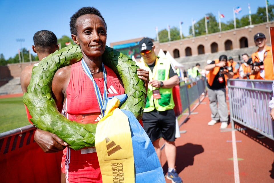 Ethiopia's Shewarge Alene reacting after winning the women's race of the Stockholm marathon. Ethiopia's Shewarge Alene reacting after winning the women's race of the Stockholm marathon.
