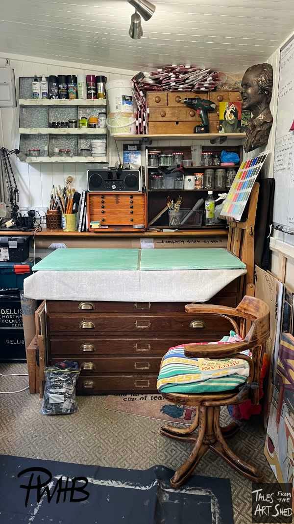 Photo of inside of Philip W H Bell's art shed / studio May 2026